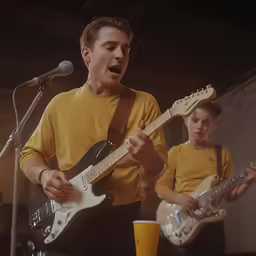 two men in yellow shirts and black pants playing guitars