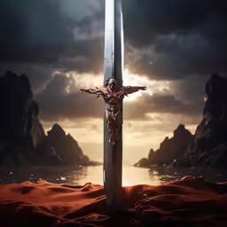 a cross with a person on it in the desert