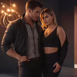 a young couple is standing in a dim light space