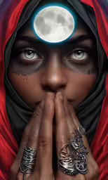 a portrait of a woman with rings covering her face