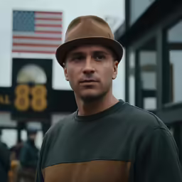 a man wearing a brown and green hat