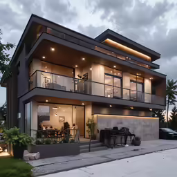 modern home lit up at night with a view of the street