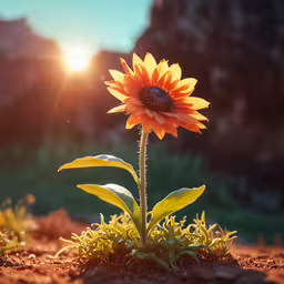 a single sunflower is standing in the middle of dirt,a sunflower stands still amid a group of weeds