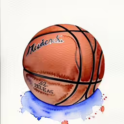 watercolor basketball on white background with blue splash and name,an illustration of basketball drawn in watercolor