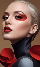 the model has red makeup and long black dress