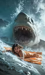 a young lady with her body wrapped around a shark