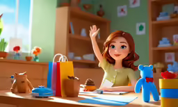 a little girl sitting at a desk with stuffed animals