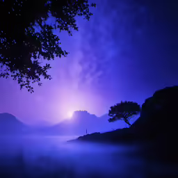 the night sky has stars and trees silhouetted against the background of mist and mountains