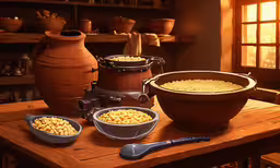 a table topped with lots of bowls and pans of food,two large bowls, one with corn and another with corn kernels, on a wood table