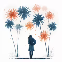 a drawing of a person looking out over flowers