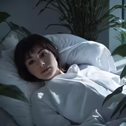 woman lying in bed under a blanket next to a potted plant
