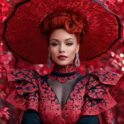 the red - haired woman is wearing a black and red top