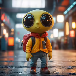 a yellow teddy bear wearing a backpack standing in a hallway