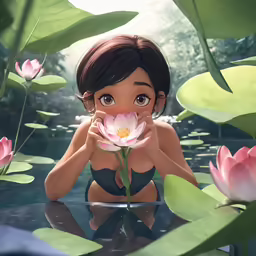 a woman holds a flower in front of water lillies