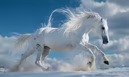a white horse running in the snow
