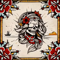 an image of a skull with flowers on it,a large picture of a woman