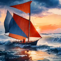 a boat that is floating in the ocean,a sailboat sailing through the ocean with dark clouds