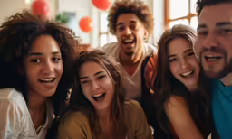 four people sitting in a room while one looks at the camera