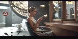 a girl sitting in a chair at a salon looking at her cell phone