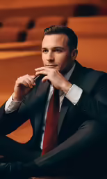 a man in a suit sitting down, posing