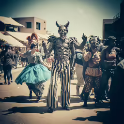 a man in costume is walking near a group of people