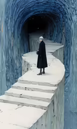 a man wearing black standing in a blue tunnel