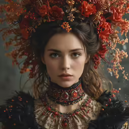 the girl with a crown is wearing a dress and flowers in her hair