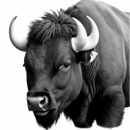 black and white photo of bull with horns