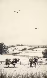 cows are standing in a pasture in the snow