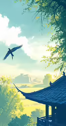 a bird flying over a blue and yellow sky with a building