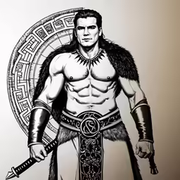 a man with his sword in his hand and an ancient helmet on
