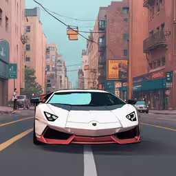 a white car is driving down a street,a white and orange sports car on a city street
