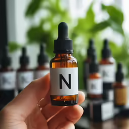 the bottle has an n on it as it sits in front of a table with various bottles