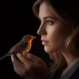 a female bird sitting on her hand with an orange beak