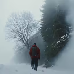 the man is hiking through deep snow in the woods