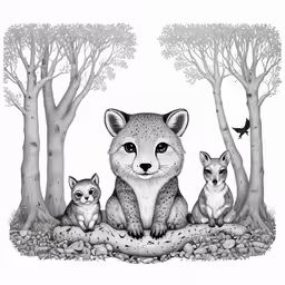 an adult fox with two cubs under the trees