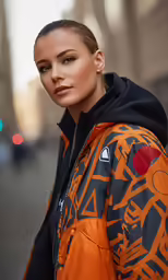 woman with short hair and a hooded jacket standing in the street