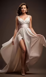 a model in white gown with open back and high slit