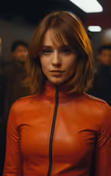a woman wearing a red leather jacket posing for a photograph