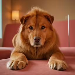 a large brown dog sitting on top of a pink couch