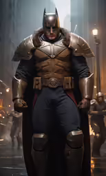 a batman costume stands in the street with other superheros