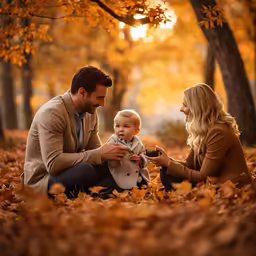 a man and woman hold baby in the woods as they check on something