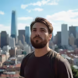 man with beard and mustache standing looking down at camera