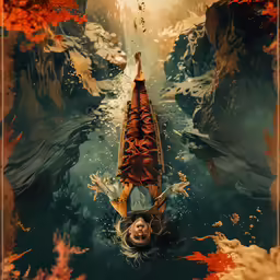 a young woman is floating down a boat in a canal
