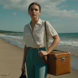 woman on beach with briefcase and bag on shoulder