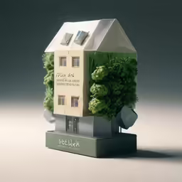 green house in front of grey backdrop with green leaves