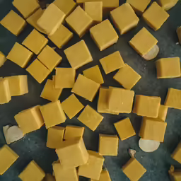 cubes of yellow food are cut into squares