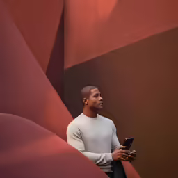 man standing outside holding an open cell phone