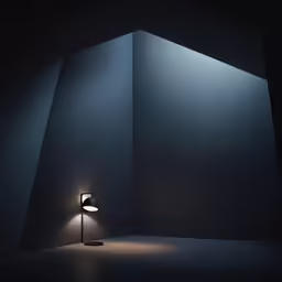 an elegant black lamp in the middle of a darkened room