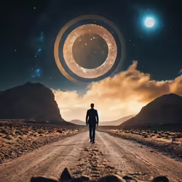 a person standing on a dirt road in front of an object in the sky